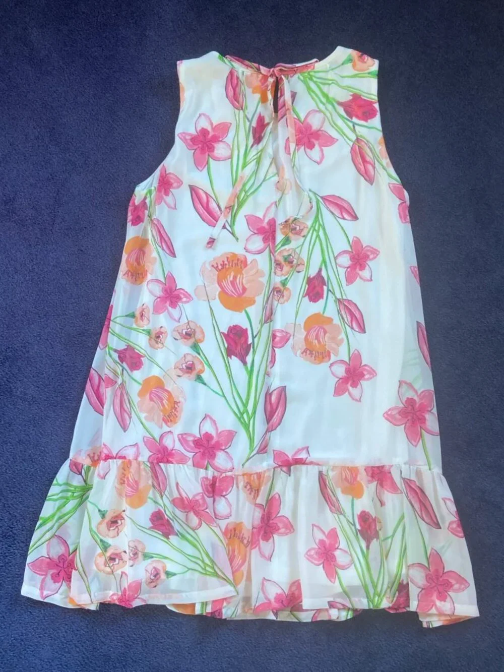 Floral Sleeveless Shift Dress | White Multi Color Print Ruffle Hem - Picture 3 of 8